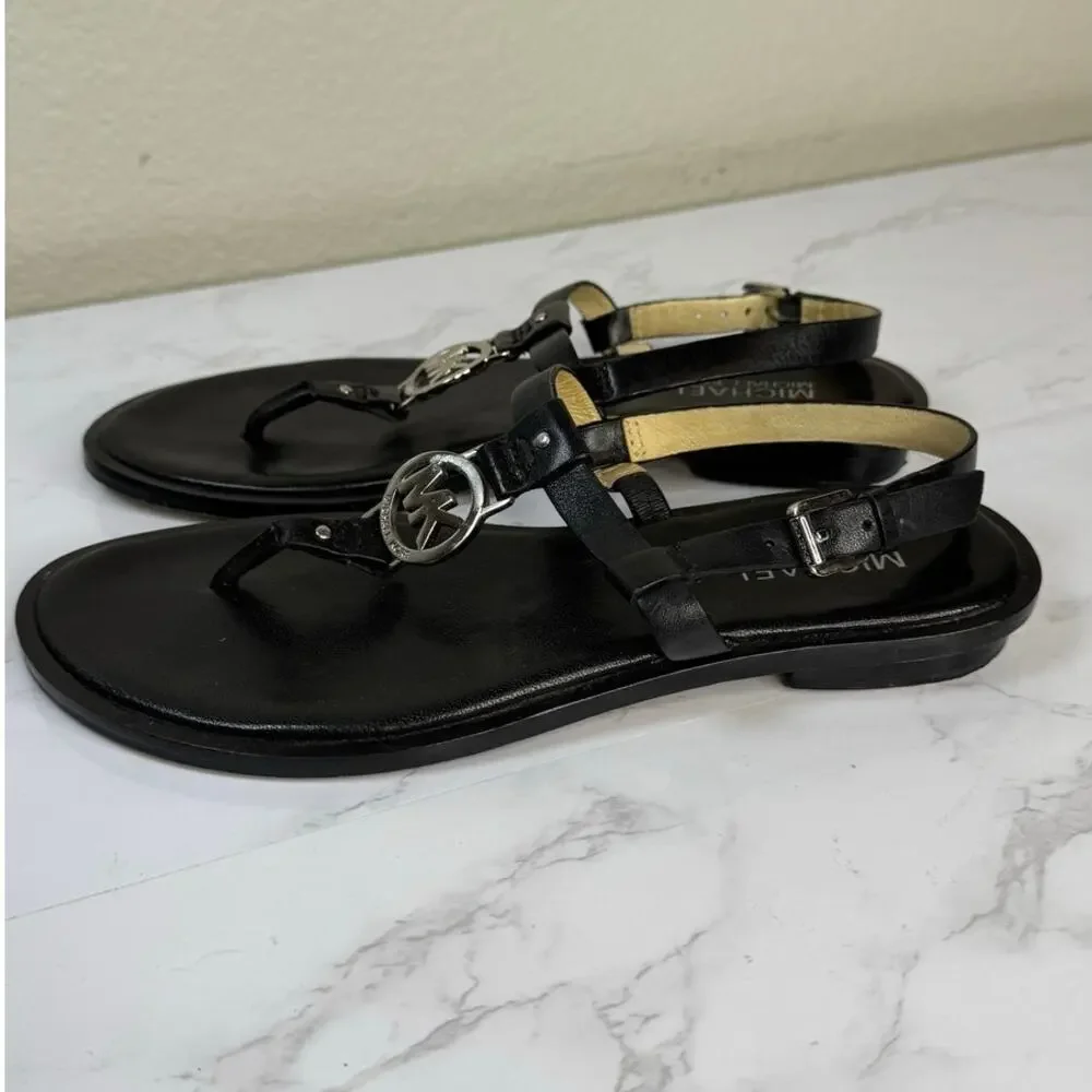 Michael Kors Sondra Thong Sandals Black Leather Sandal Silver Accent Size 7